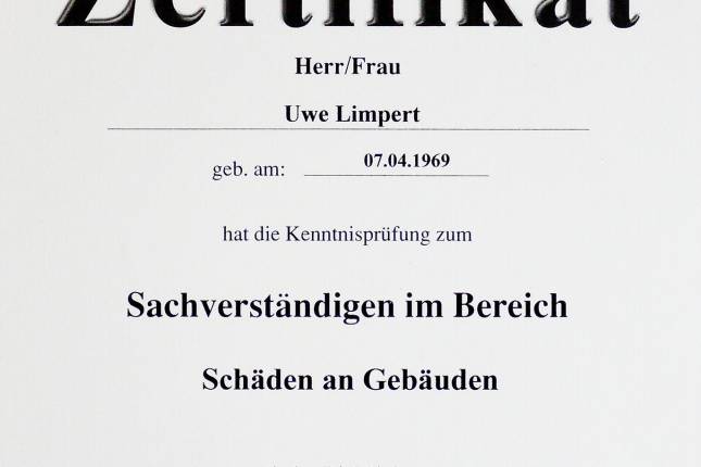 Zertifikat – Sachverständiger Gebäudeschäden, Uwe Limpert